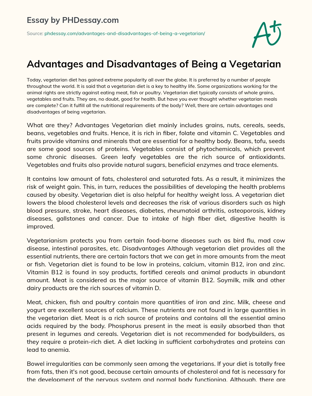 Advantages and Disadvantages of Being a Vegetarian essay