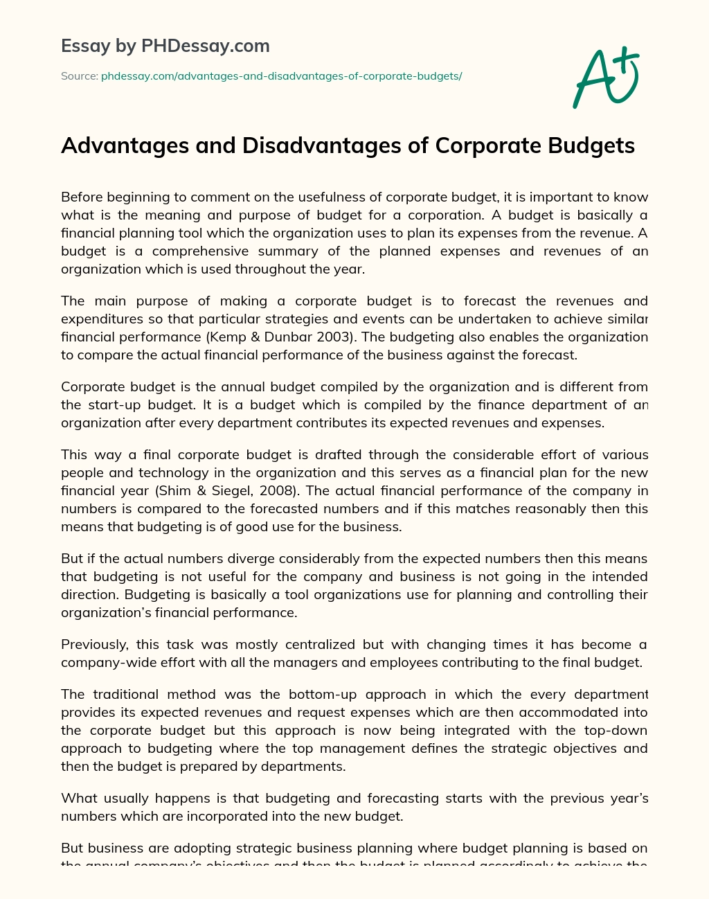Advantages and Disadvantages of Corporate Budgets essay