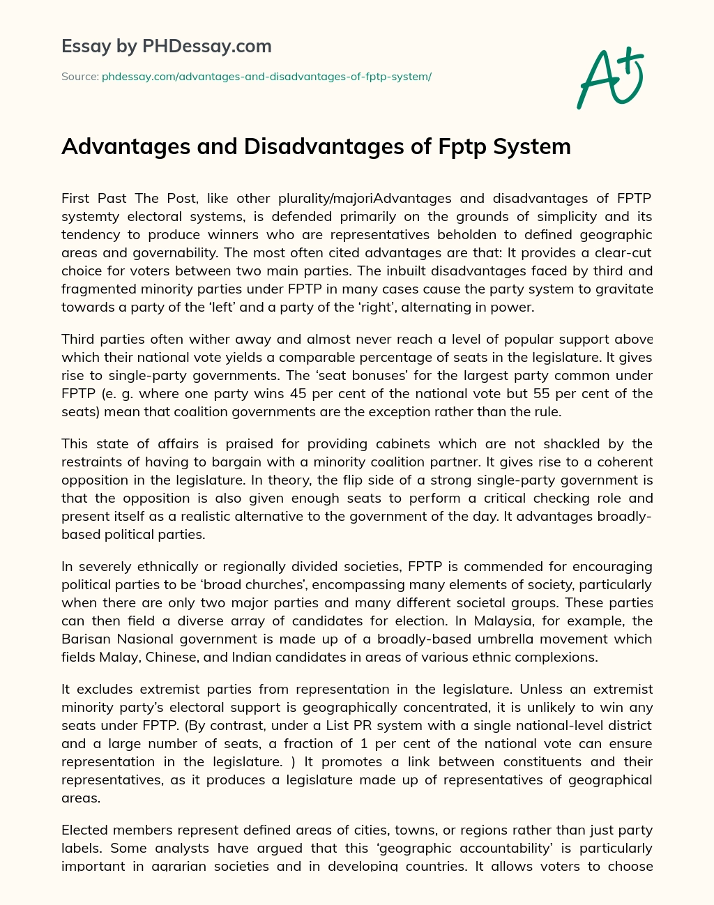 Advantages and Disadvantages of Fptp System essay