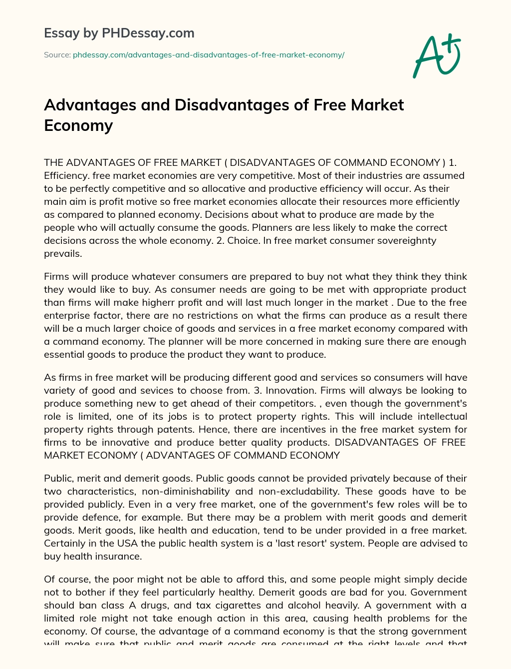 Advantages and Disadvantages of Free Market Economy essay