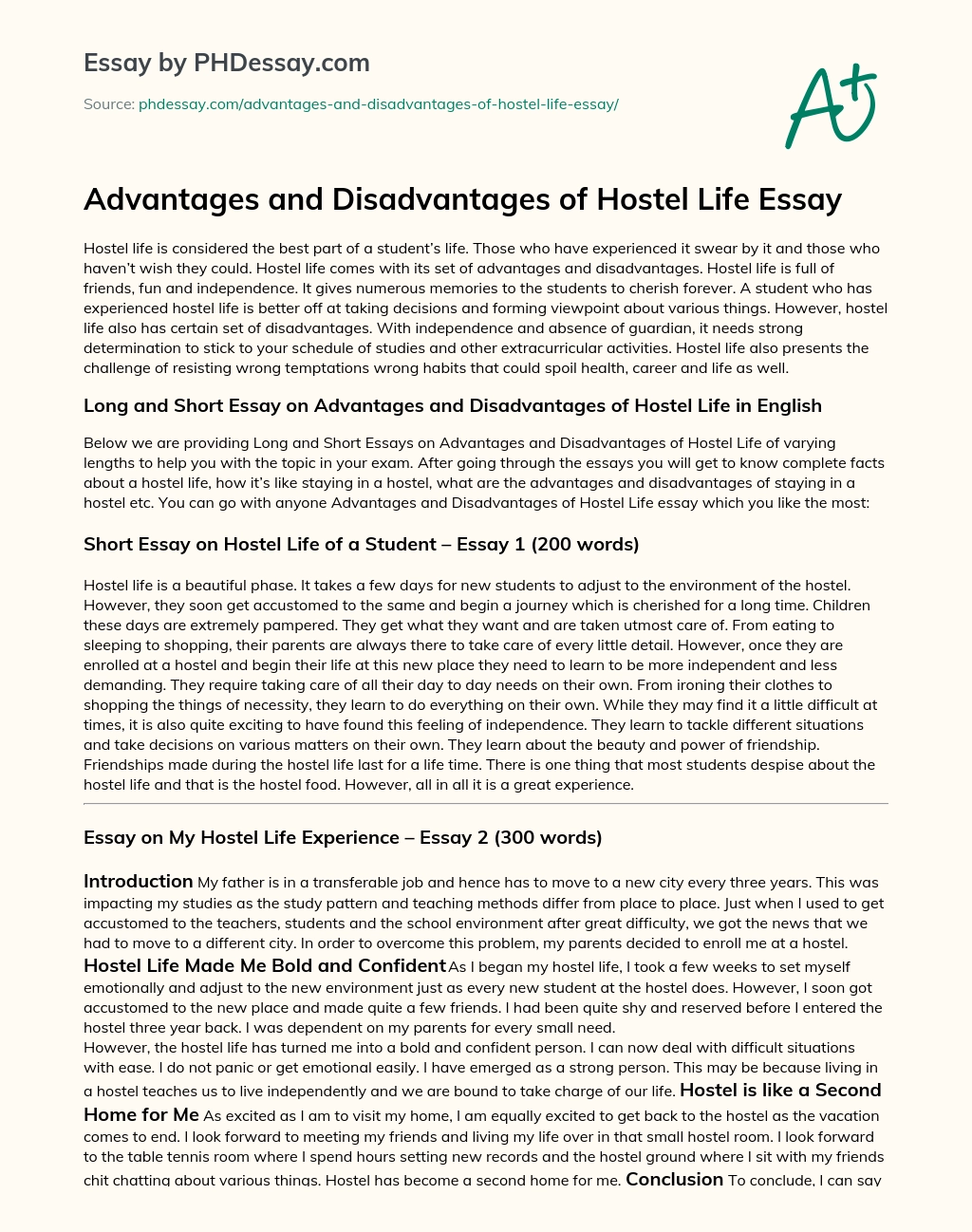 Advantages and Disadvantages of Hostel Life Essay essay