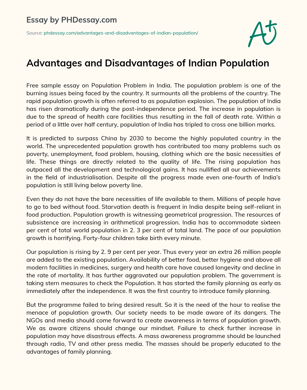 Advantages and Disadvantages of Indian Population essay
