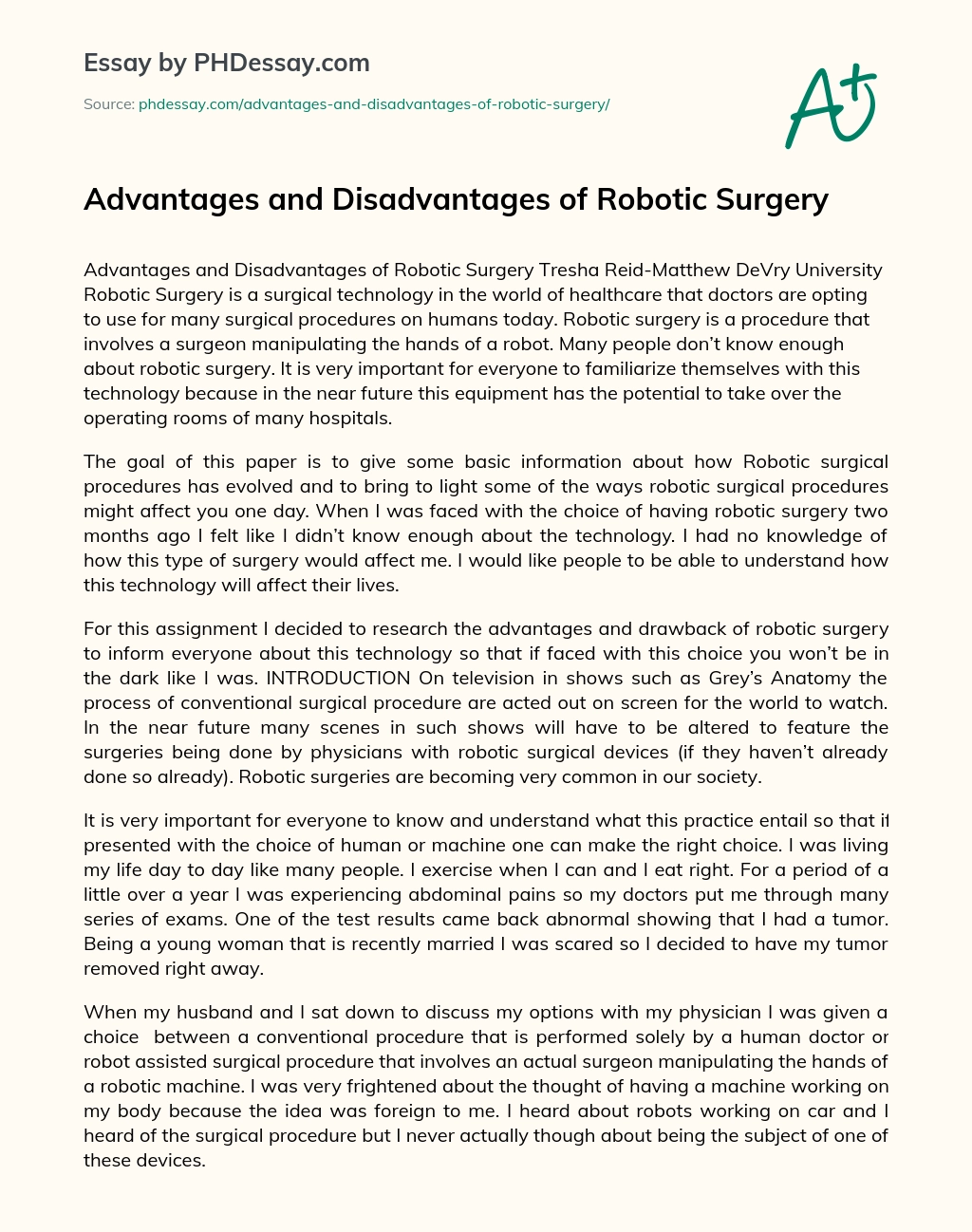 Advantages and Disadvantages of Robotic Surgery essay