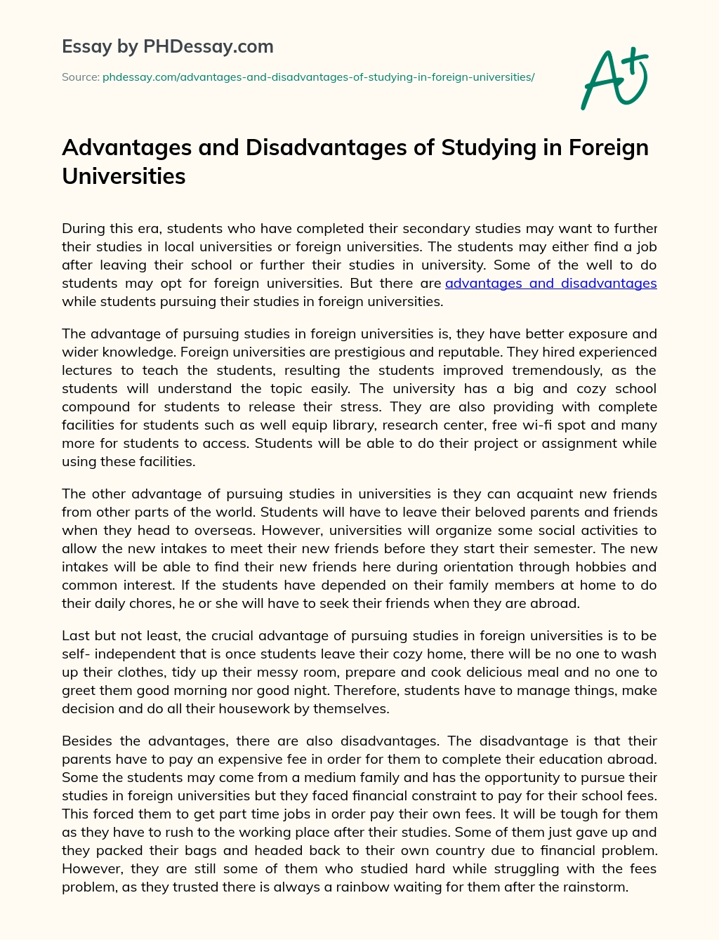 Advantages and Disadvantages of Studying in Foreign Universities essay
