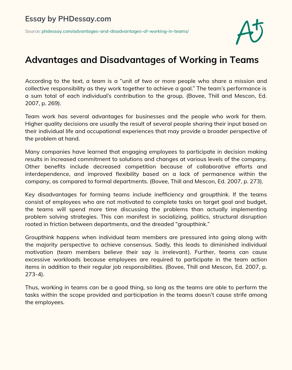 Advantages and Disadvantages of Working in Teams essay