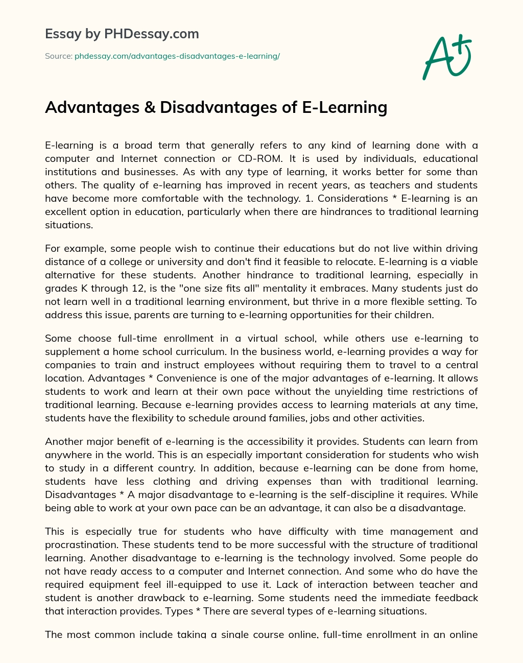 Advantages & Disadvantages of E-Learning essay