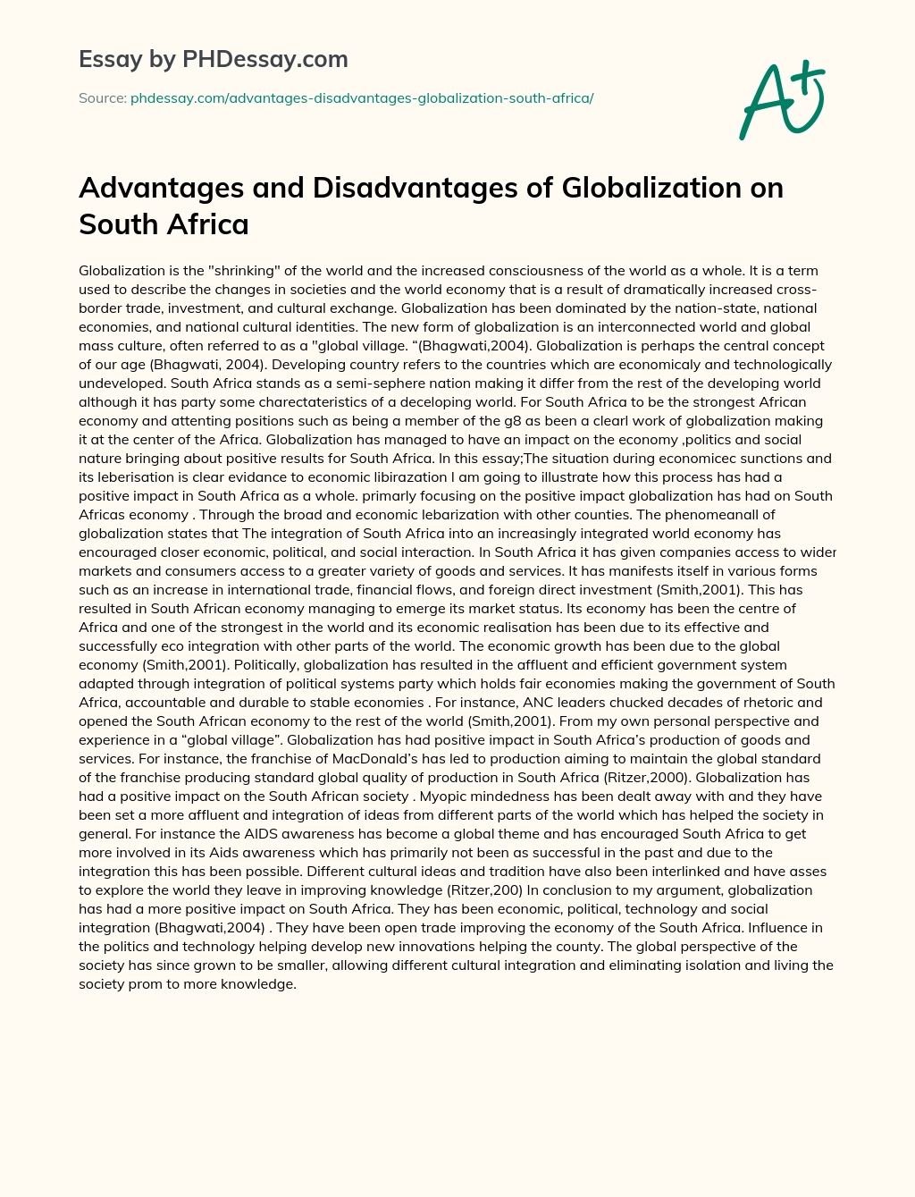 Advantages and Disadvantages of Globalization on South Africa essay