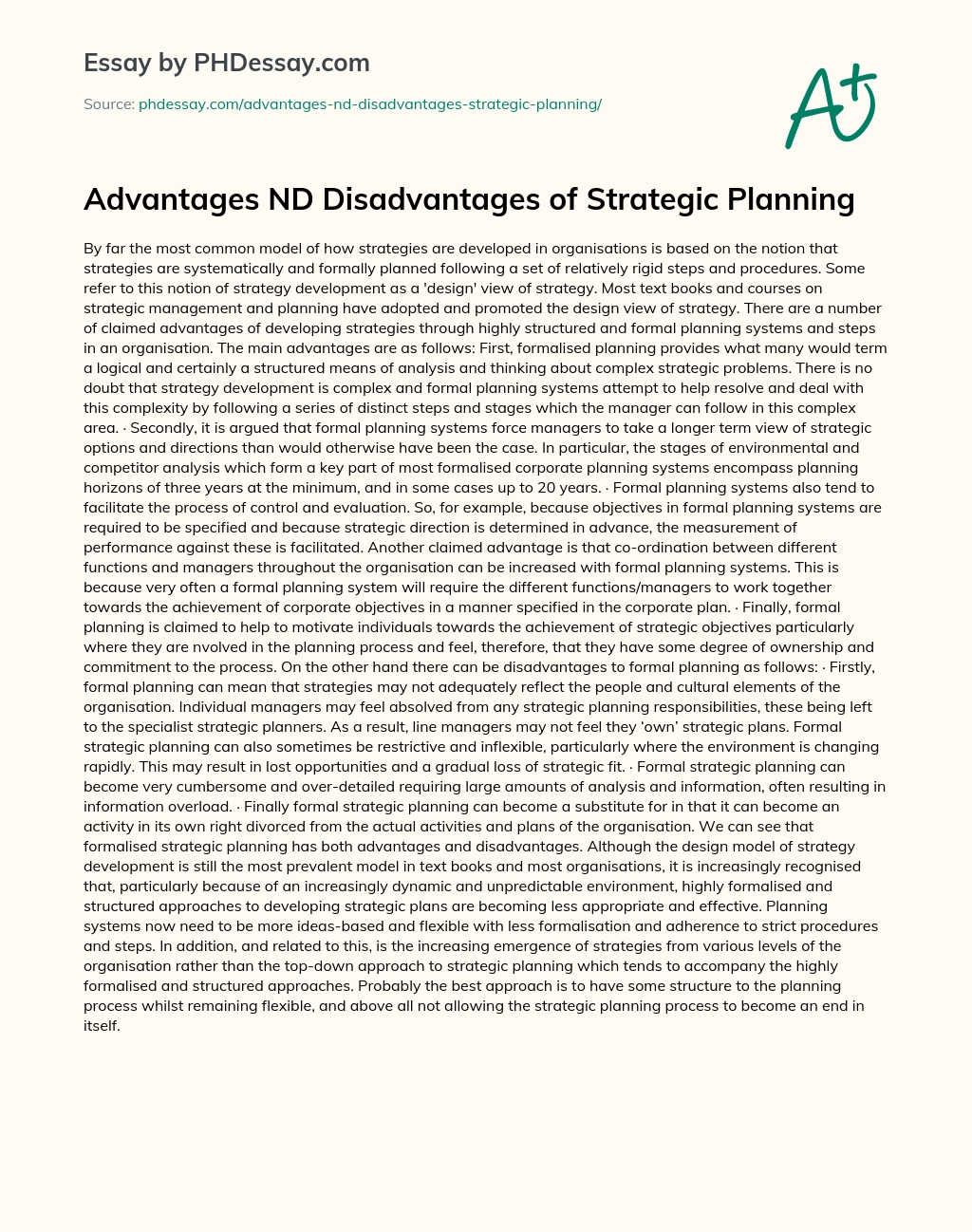 Advantages ND Disadvantages of Strategic Planning essay