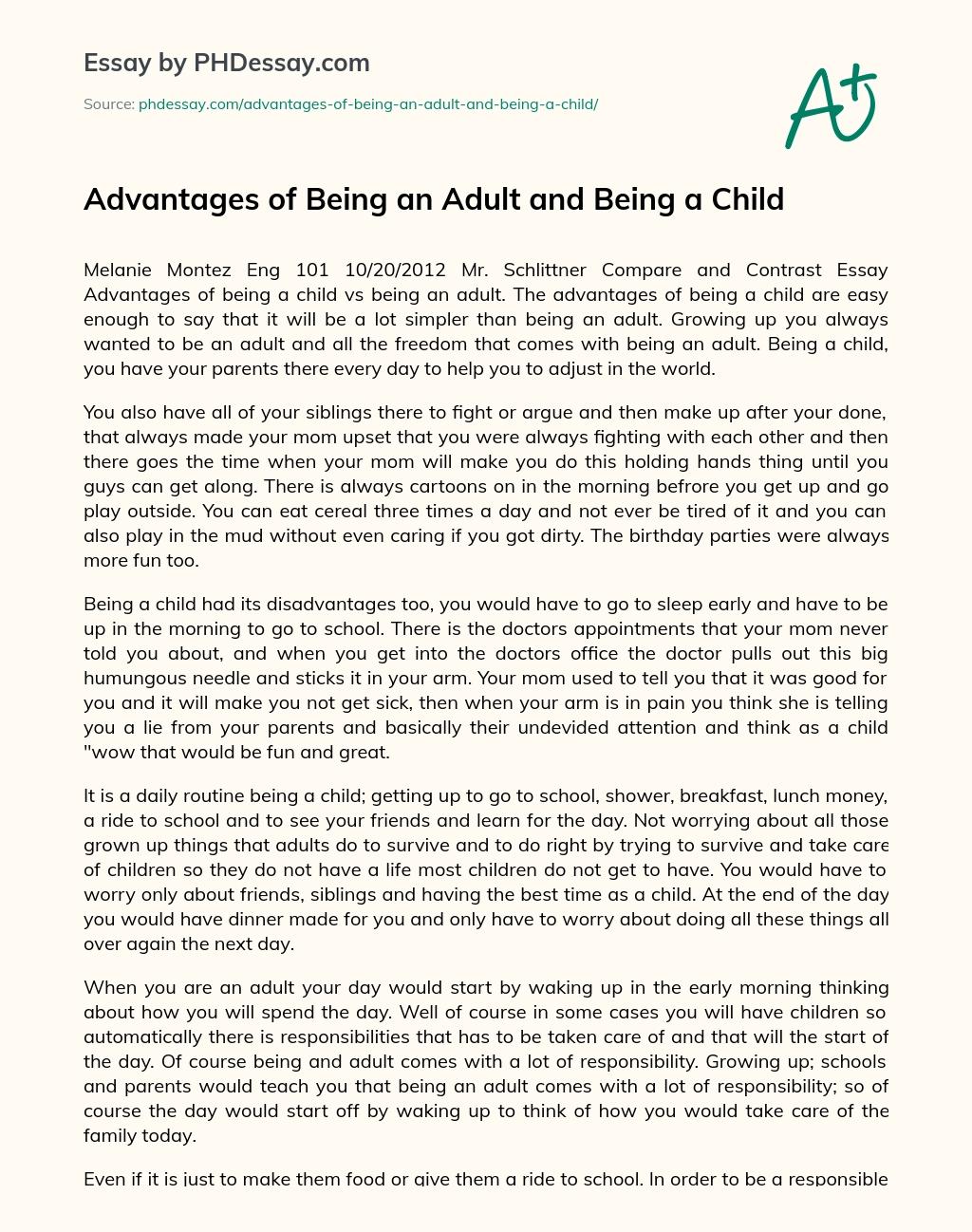 Advantages of Being an Adult and Being a Child essay