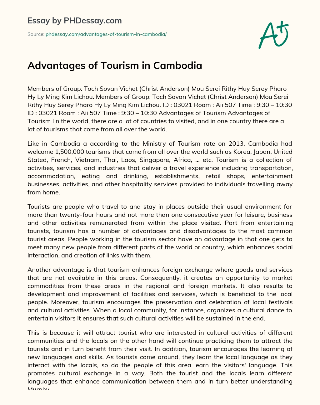 Advantages of Tourism in Cambodia essay