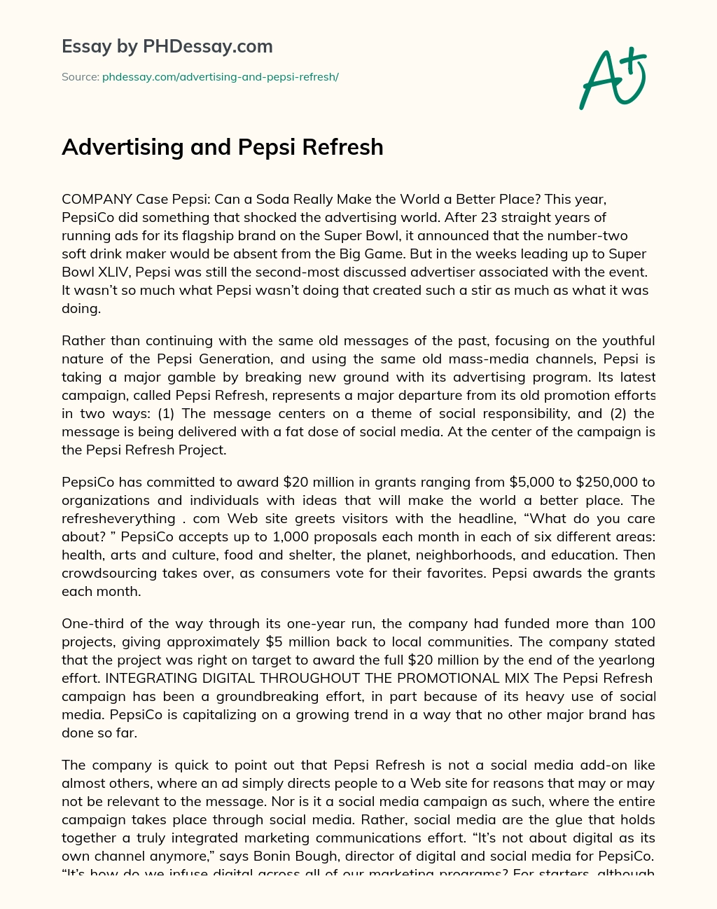 Advertising and Pepsi Refresh essay