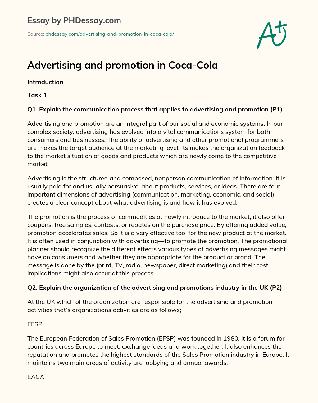 Advertising and promotion in Coca-Cola essay