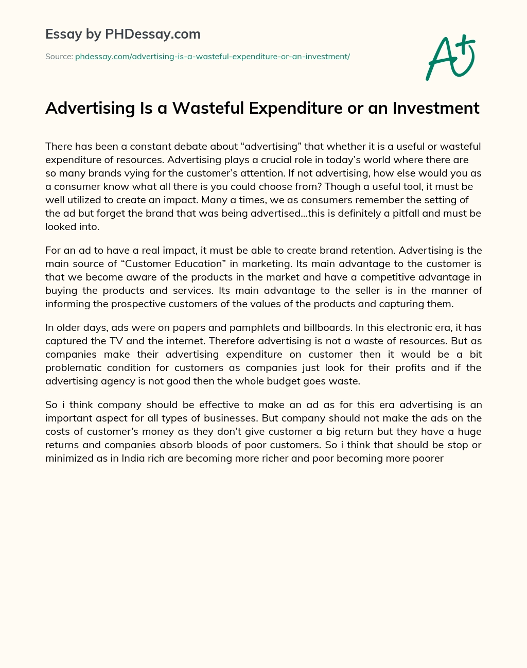 Advertising Is a Wasteful Expenditure or an Investment essay