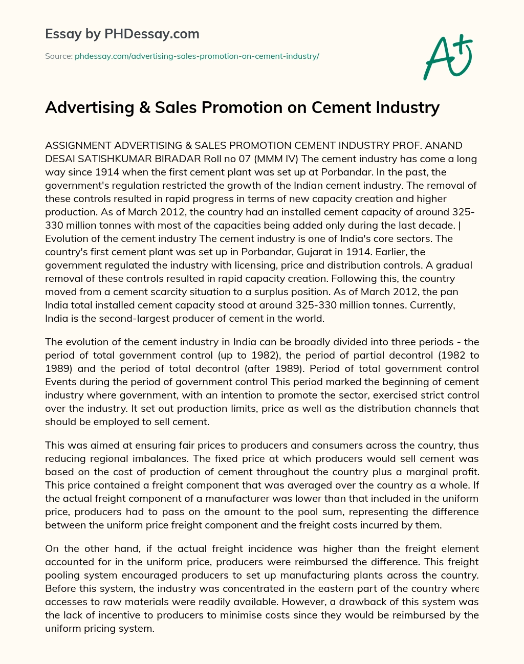 Advertising & Sales Promotion on Cement Industry essay