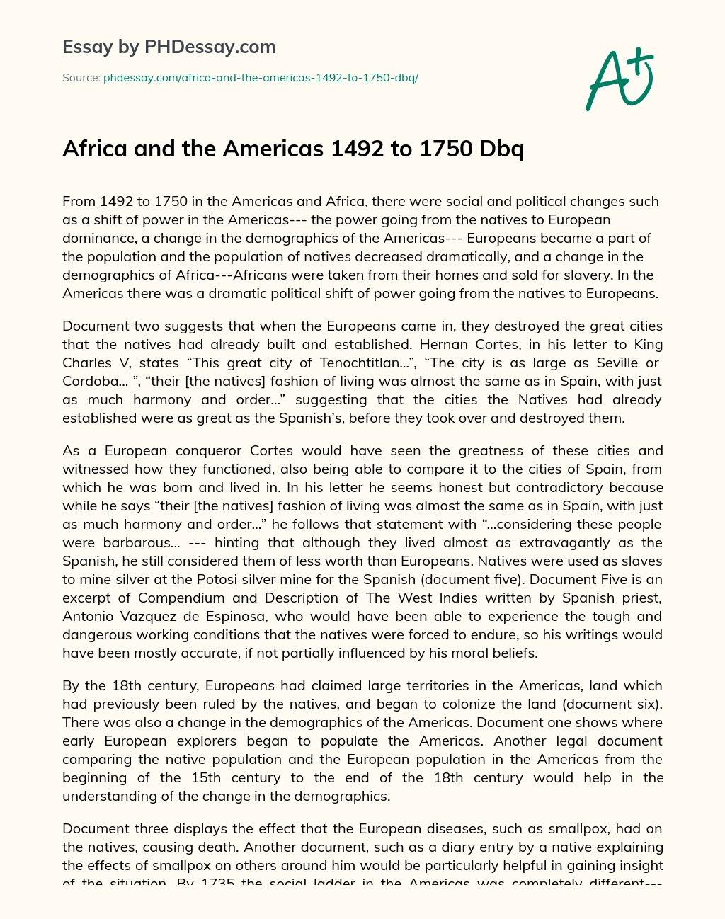 Africa and the Americas 1492 to 1750 Dbq essay