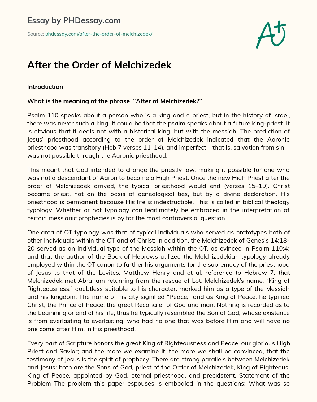After the Order of Melchizedek essay
