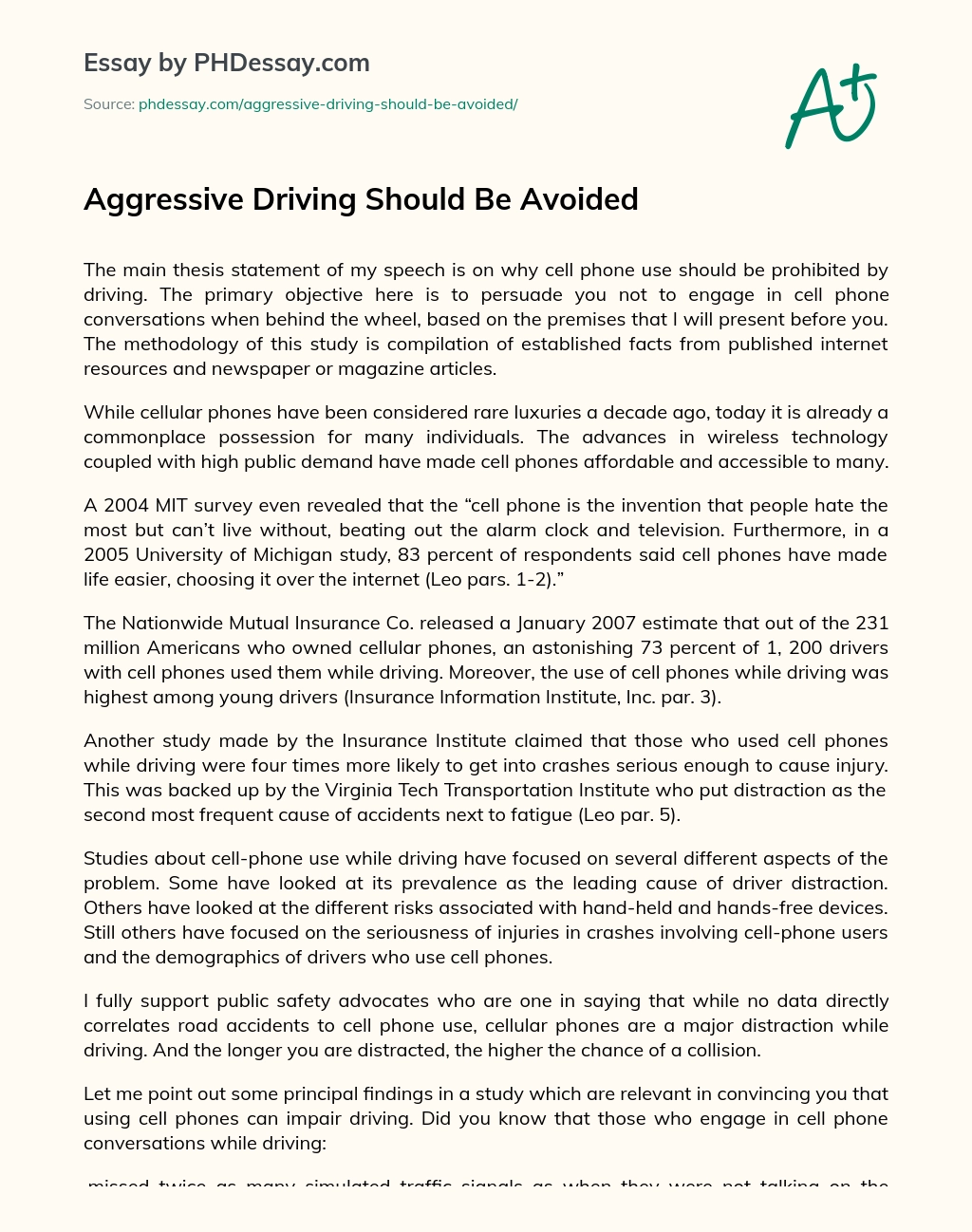 Aggressive Driving Should Be Avoided essay