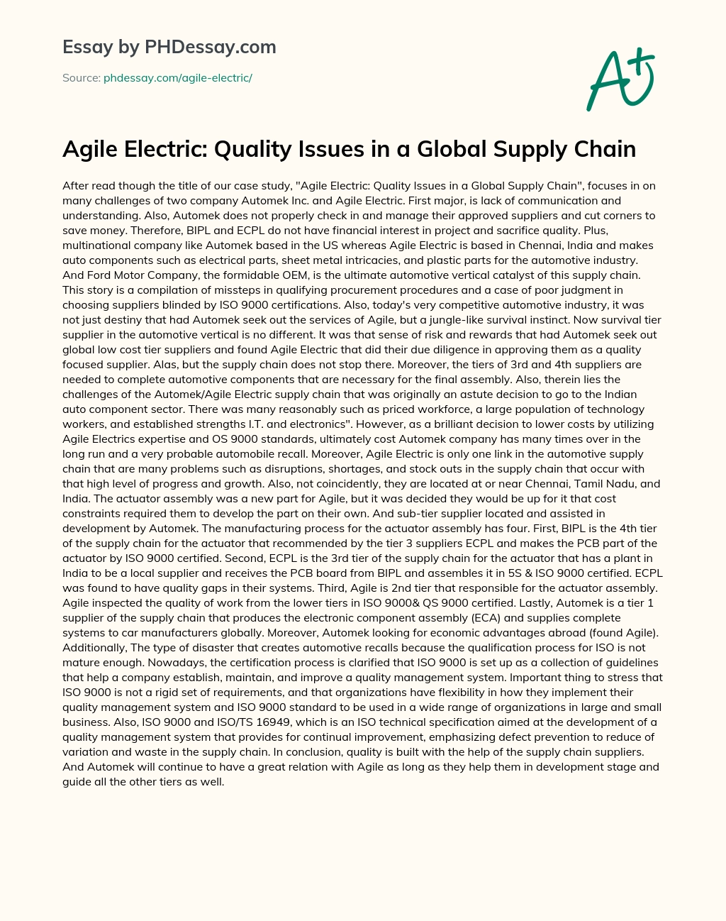 Agile Electric: Quality Issues in a Global Supply Chain essay