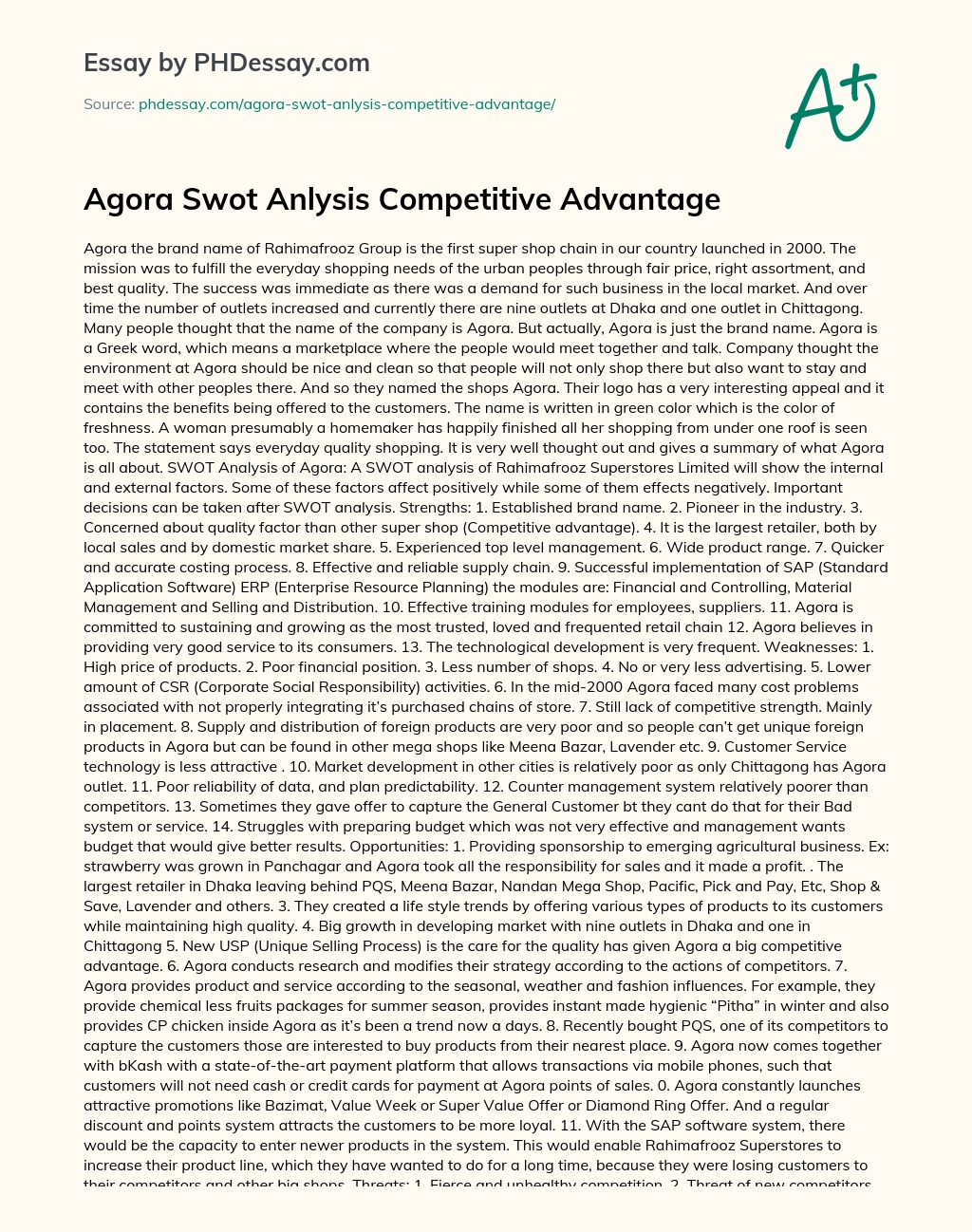 Agora Swot Anlysis Competitive Advantage essay