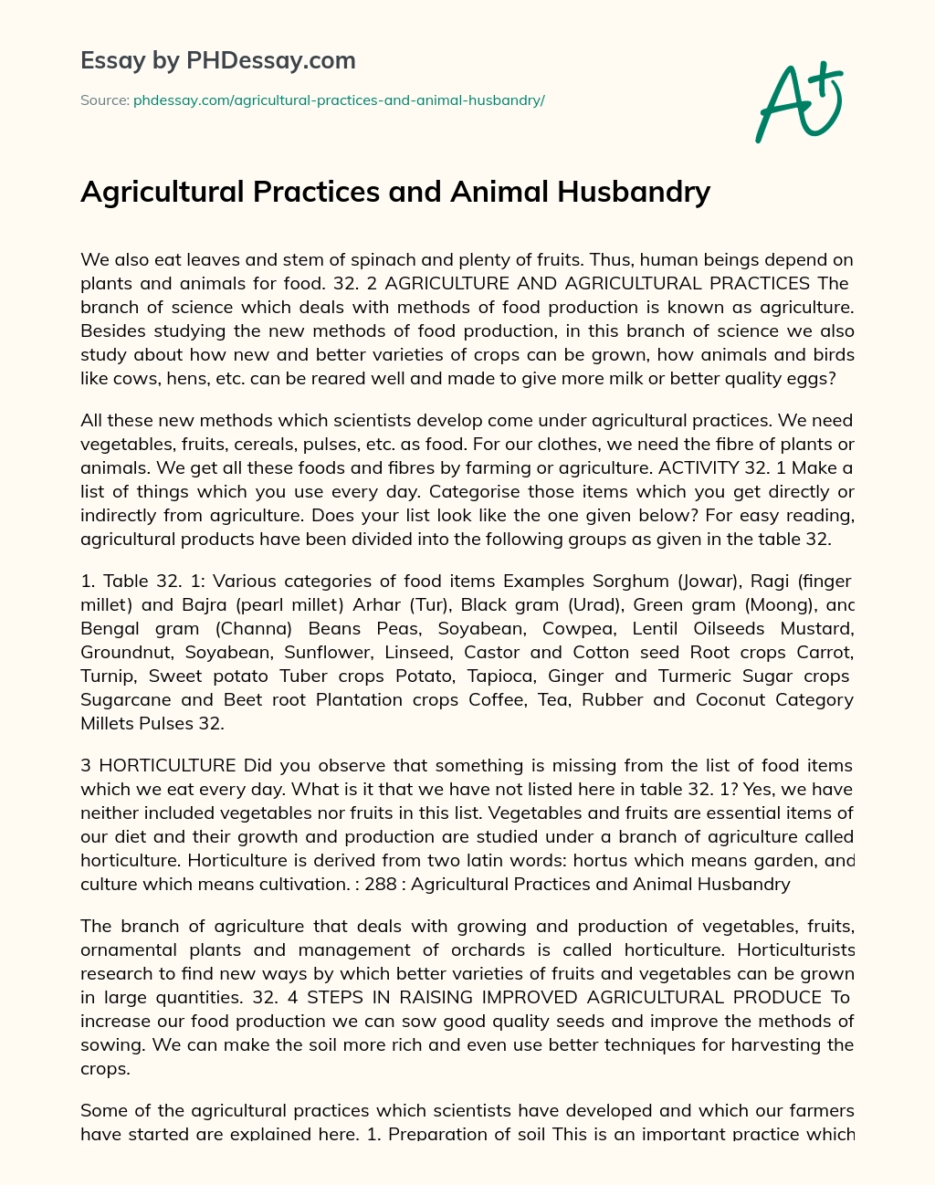 Agricultural Practices And Animal Husbandry Essay Example 