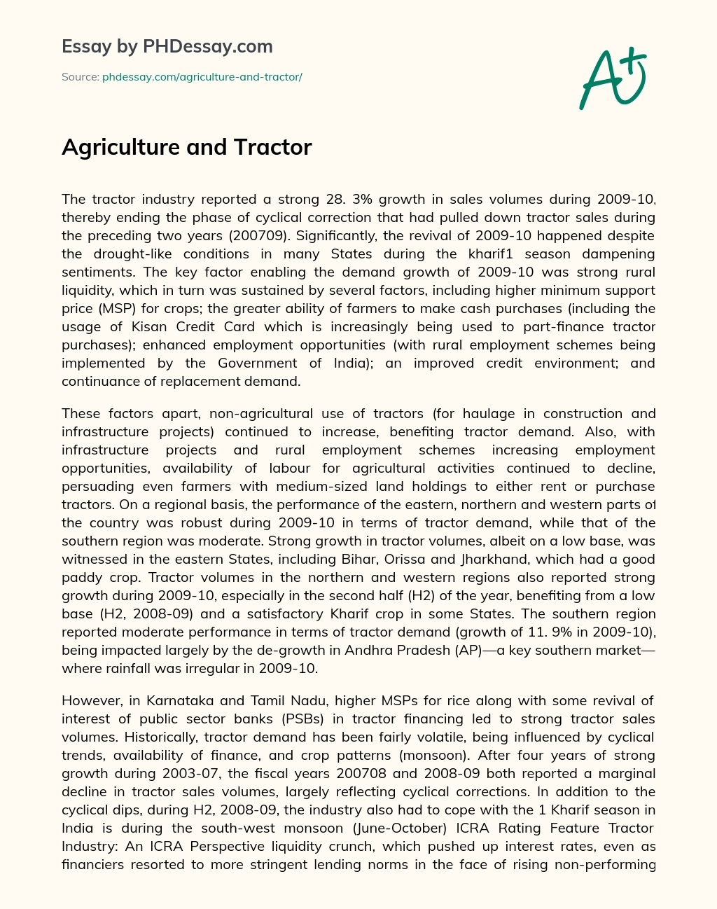 Agriculture and Tractor essay