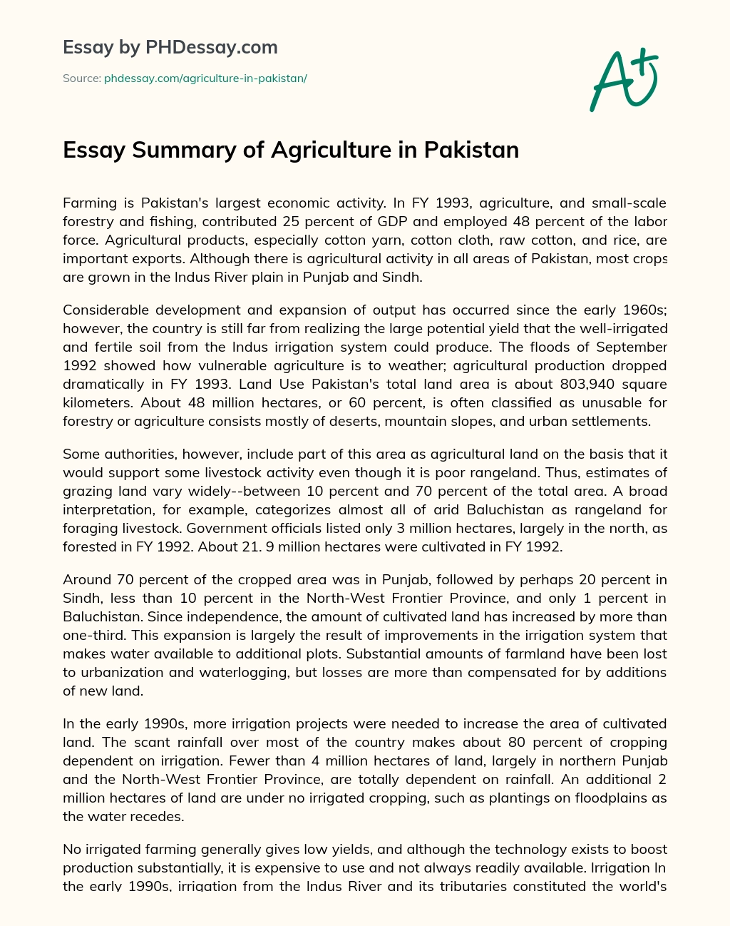 Essay Summary of Agriculture in Pakistan essay