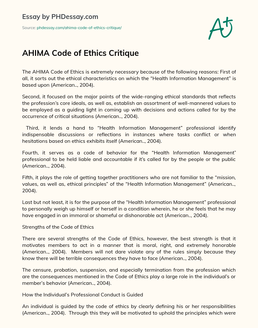 AHIMA Code of Ethics Critique essay