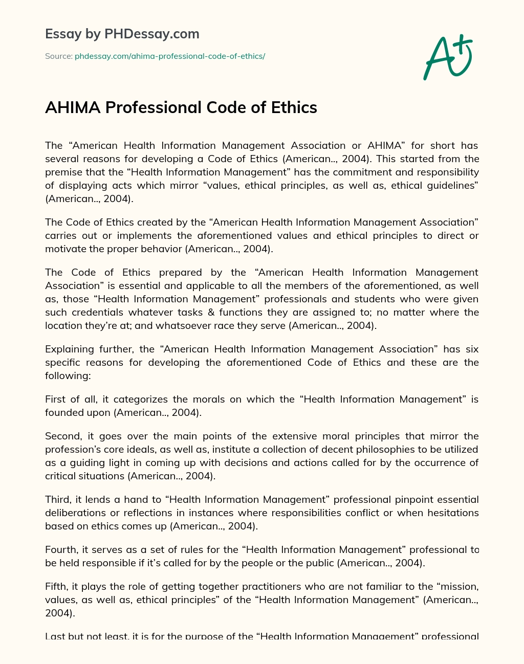 AHIMA Professional Code of Ethics essay