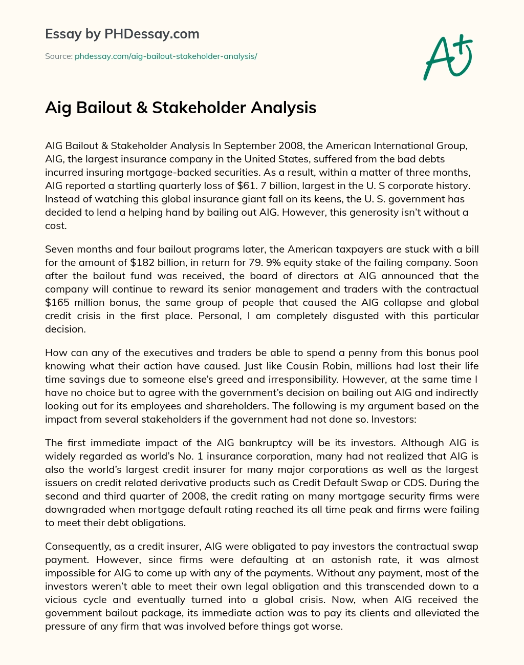 Aig Bailout & Stakeholder Analysis essay