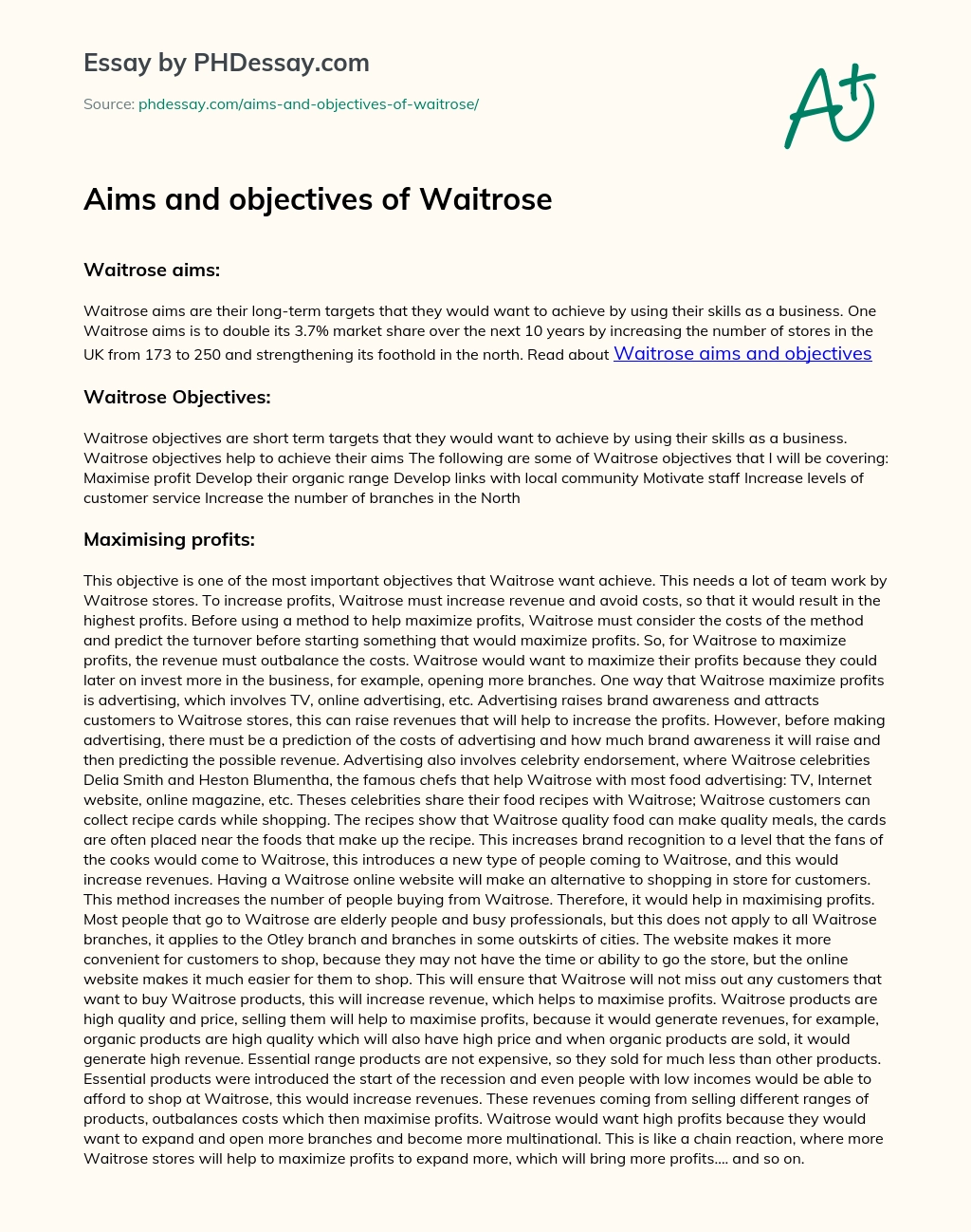 Aims and objectives of Waitrose essay