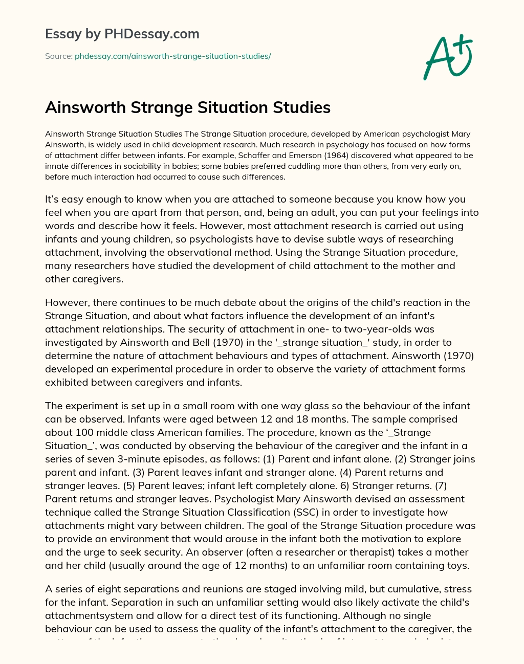 Ainsworth Strange Situation Studies essay