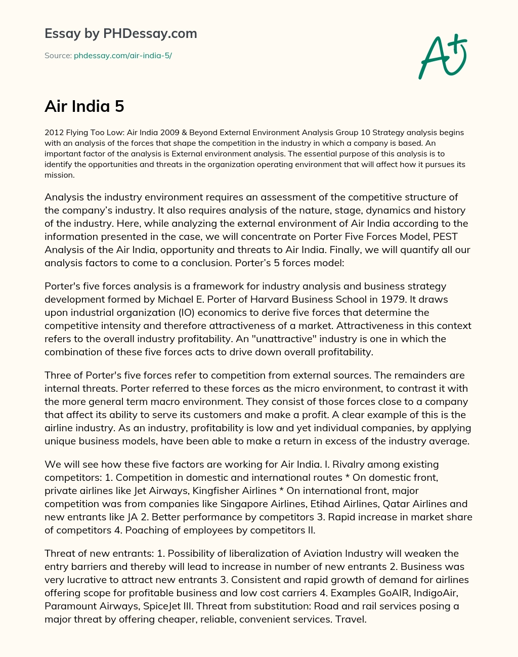 Analyzing the External Environment of Air India: Porter’s Five Forces and PEST Analysis essay