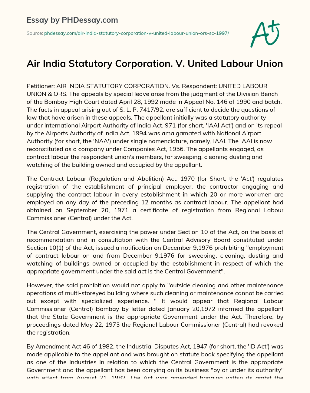 Air India Statutory Corporation. V. United Labour Union essay