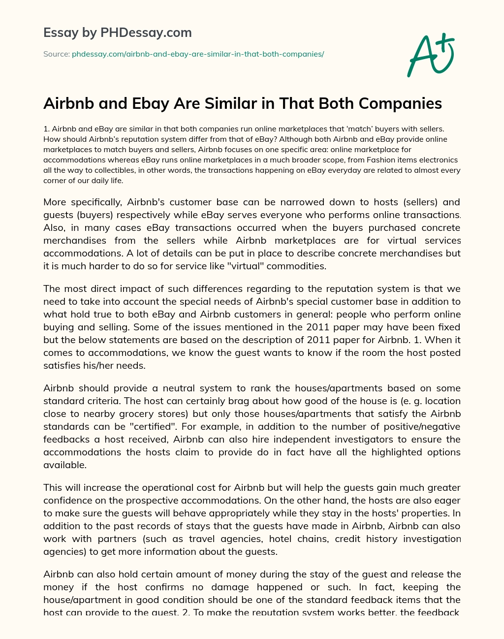 Airbnb and Ebay Are Similar in That Both Companies essay
