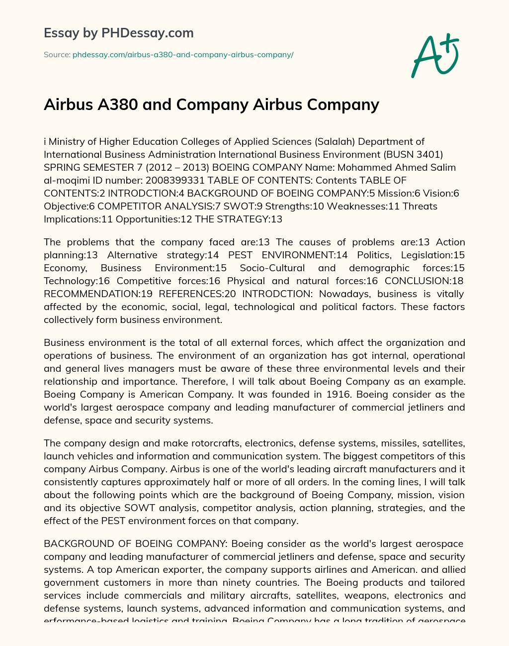 Airbus A380 and Company Airbus Company essay