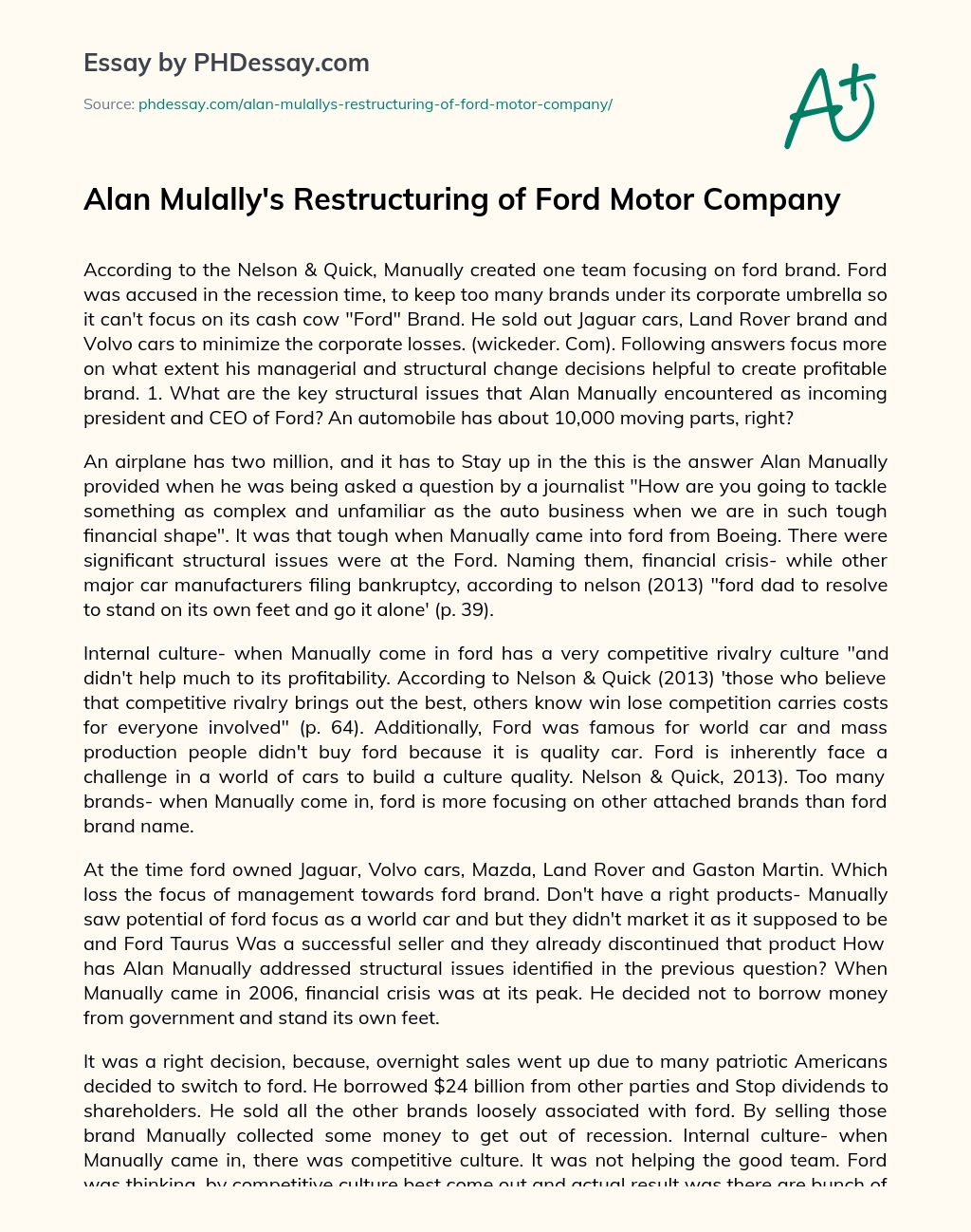 Alan Mulally’s Restructuring of Ford Motor Company essay