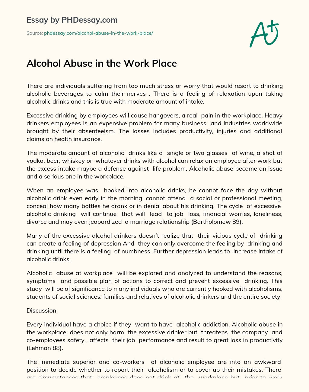 Alcohol Abuse in the Work Place essay