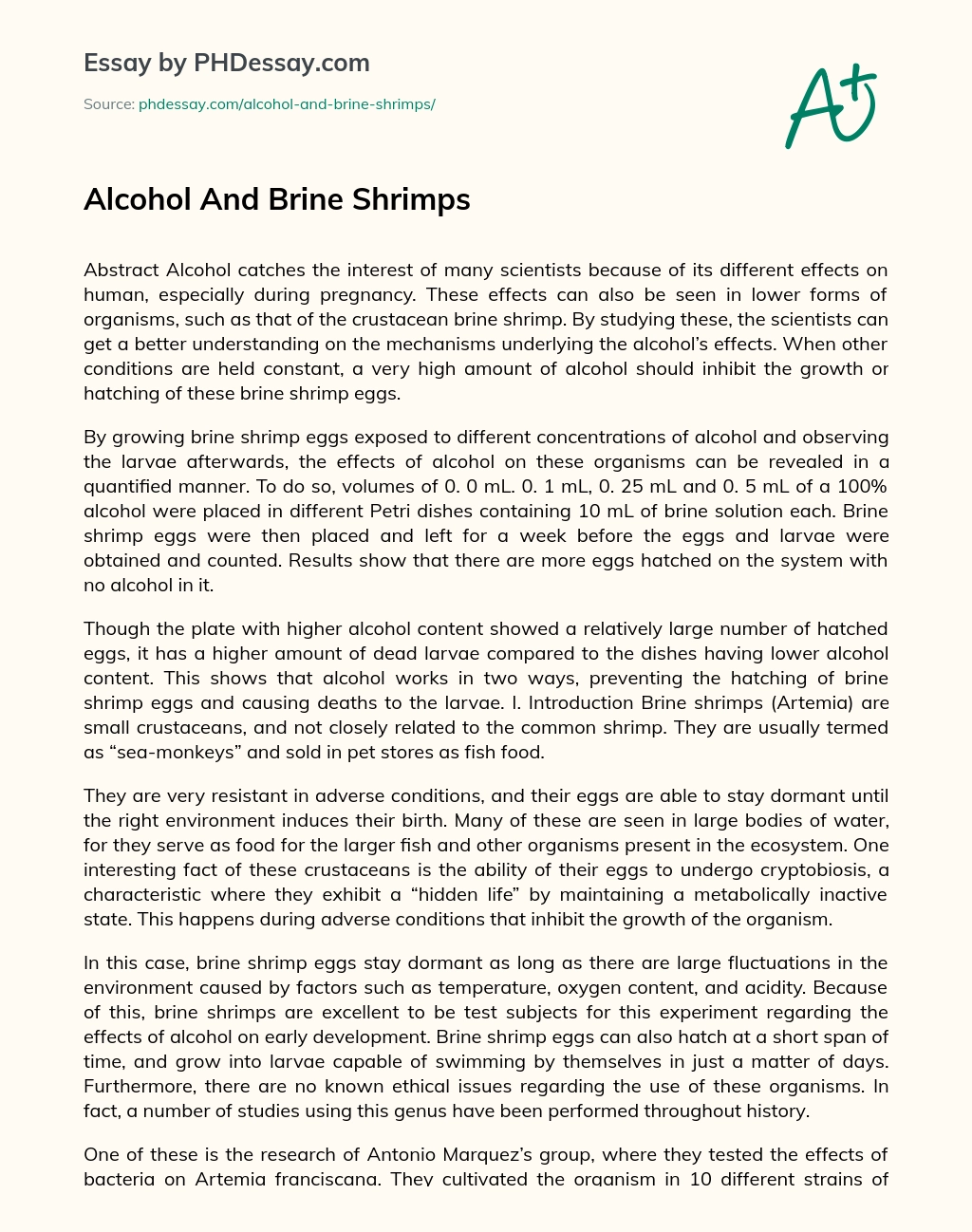 Alcohol And Brine Shrimps essay