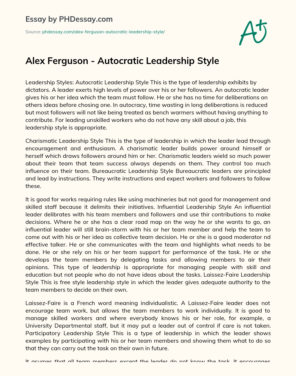 Alex Ferguson – Autocratic Leadership Style essay