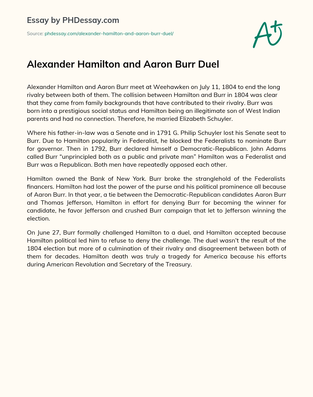 Alexander Hamilton and Aaron Burr Duel essay