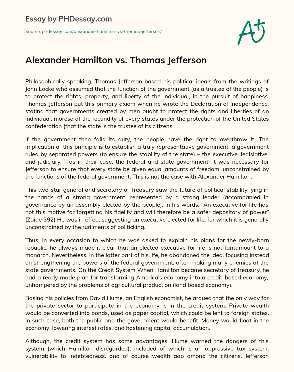 Alexander Hamilton vs. Thomas Jefferson essay
