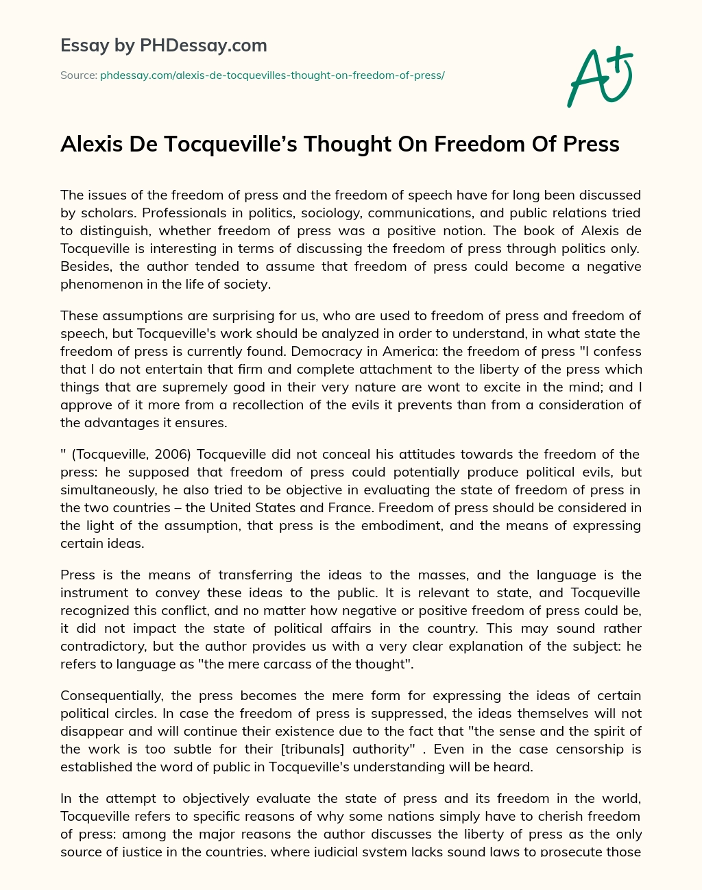 Alexis De Tocqueville’s Thought On Freedom Of Press essay