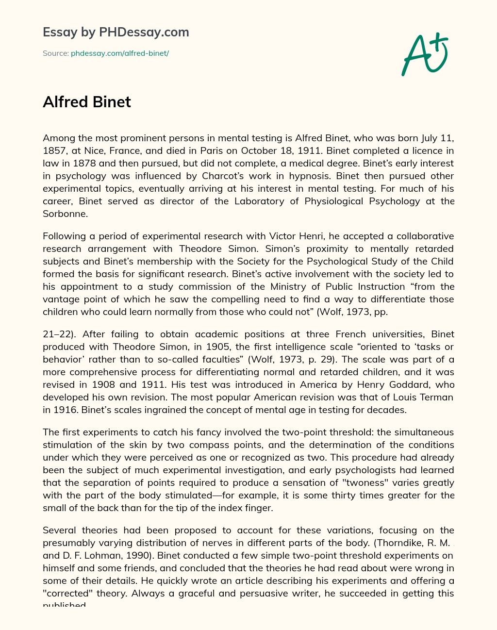 Alfred Binet: A Prominent Figure in Mental Testing essay