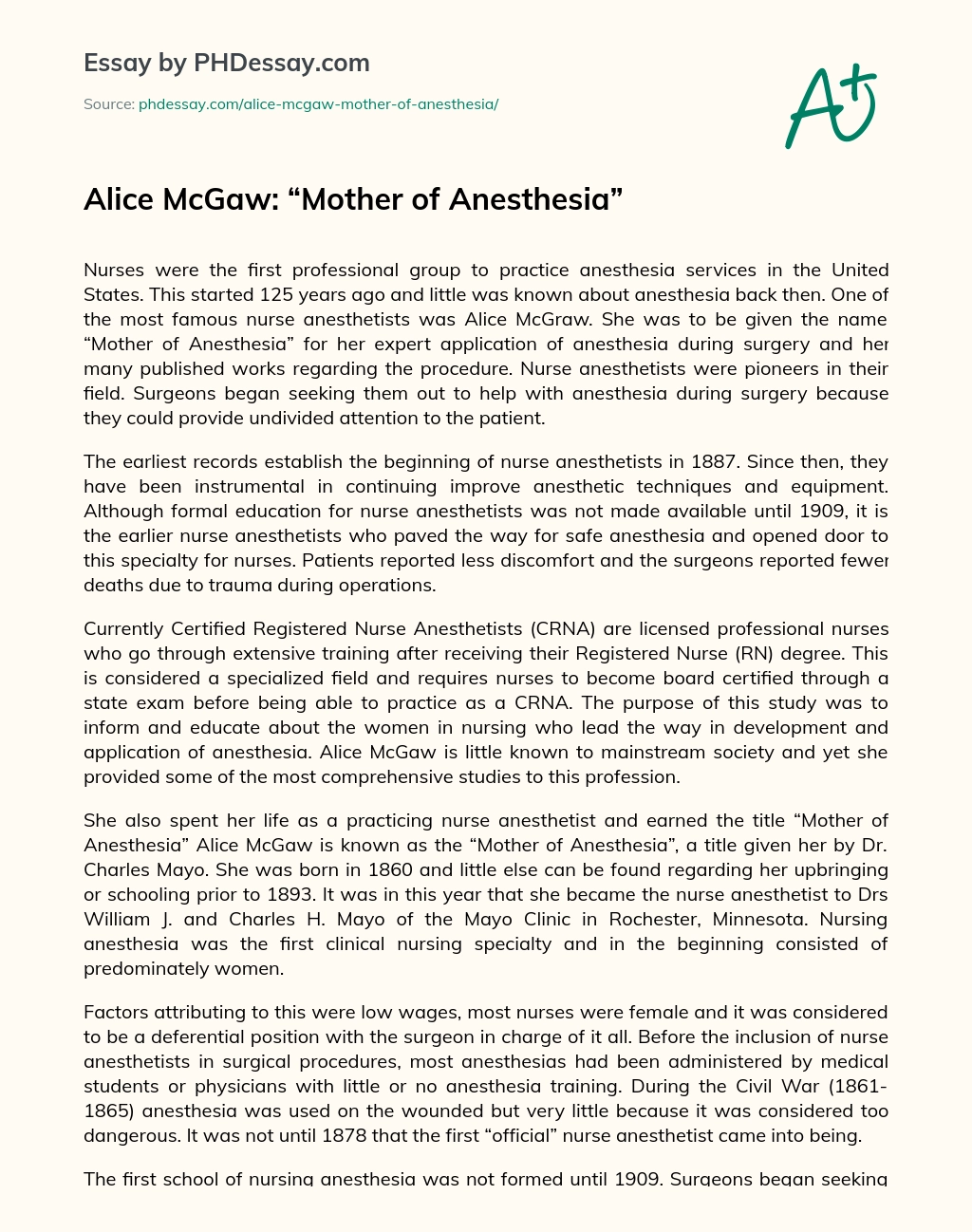 Alice McGaw: “Mother of Anesthesia” essay