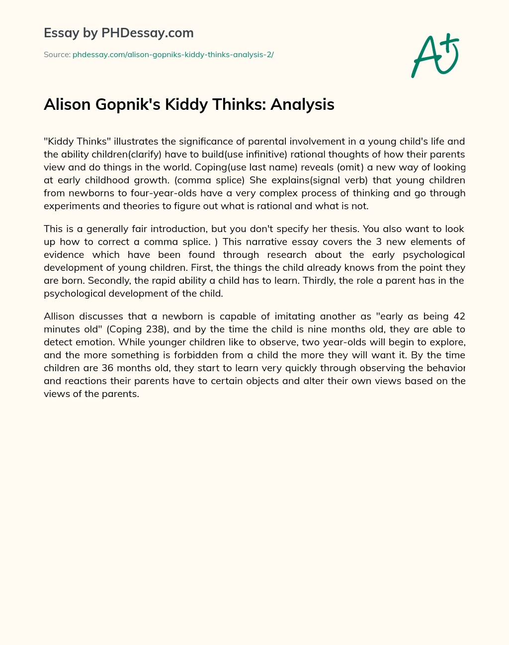 Alison Gopnik’s Kiddy Thinks: Analysis essay