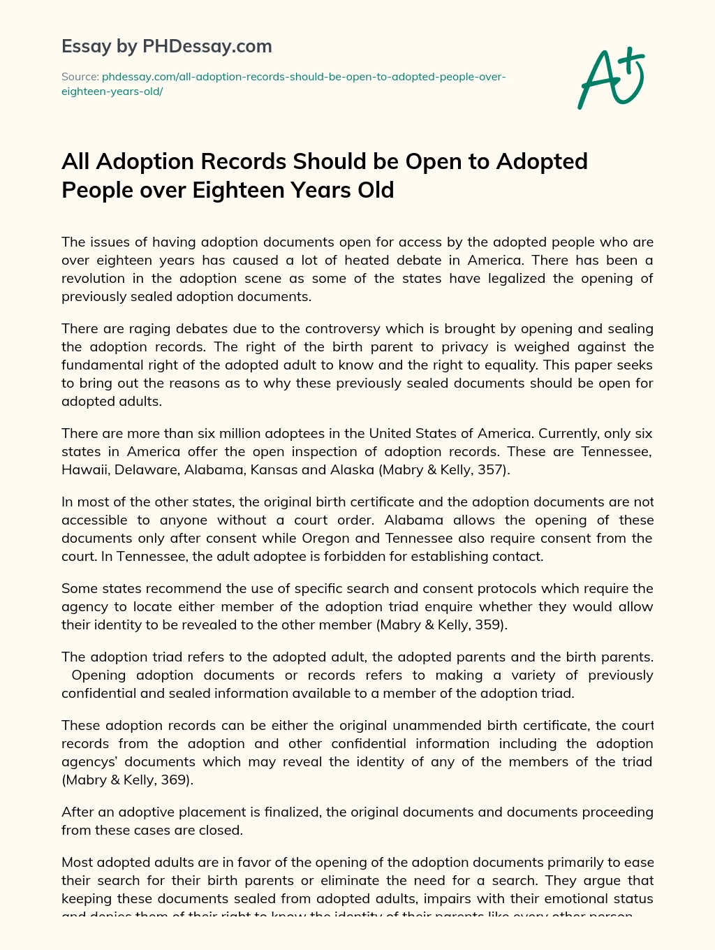 All Adoption Records Should be Open to Adopted People over Eighteen Years Old essay