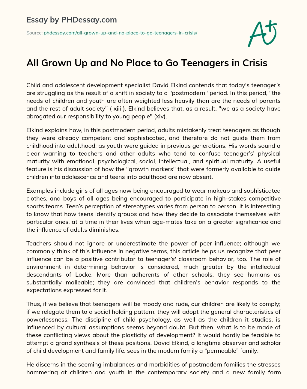 All Grown Up and No Place to Go  Teenagers in Crisis essay