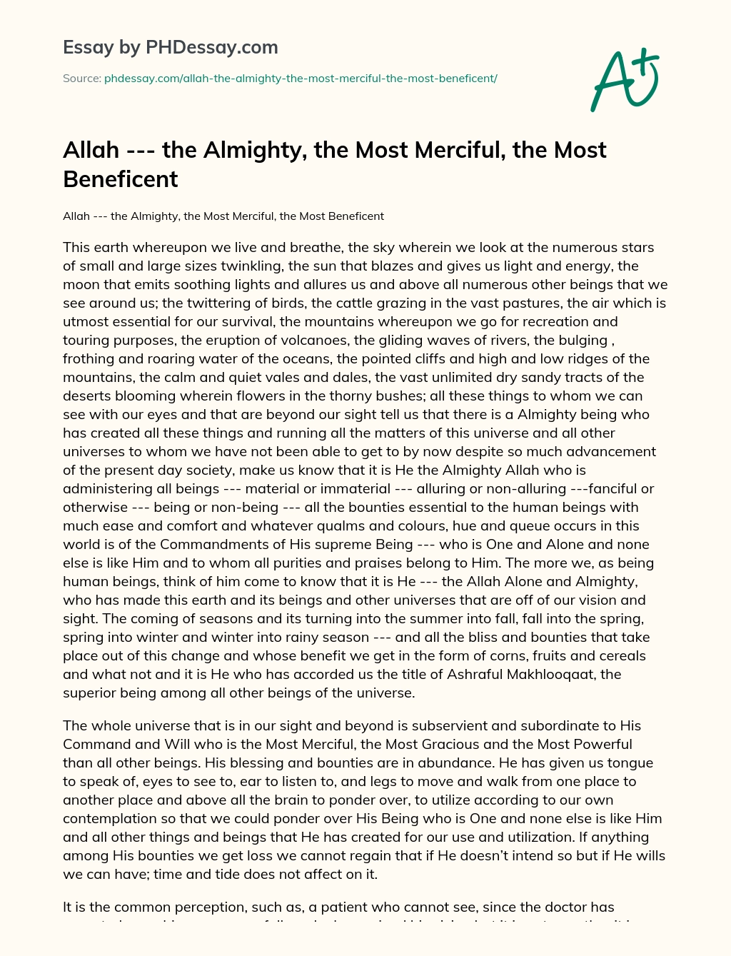 Allah – the Almighty, the Most Merciful, the Most Beneficent essay