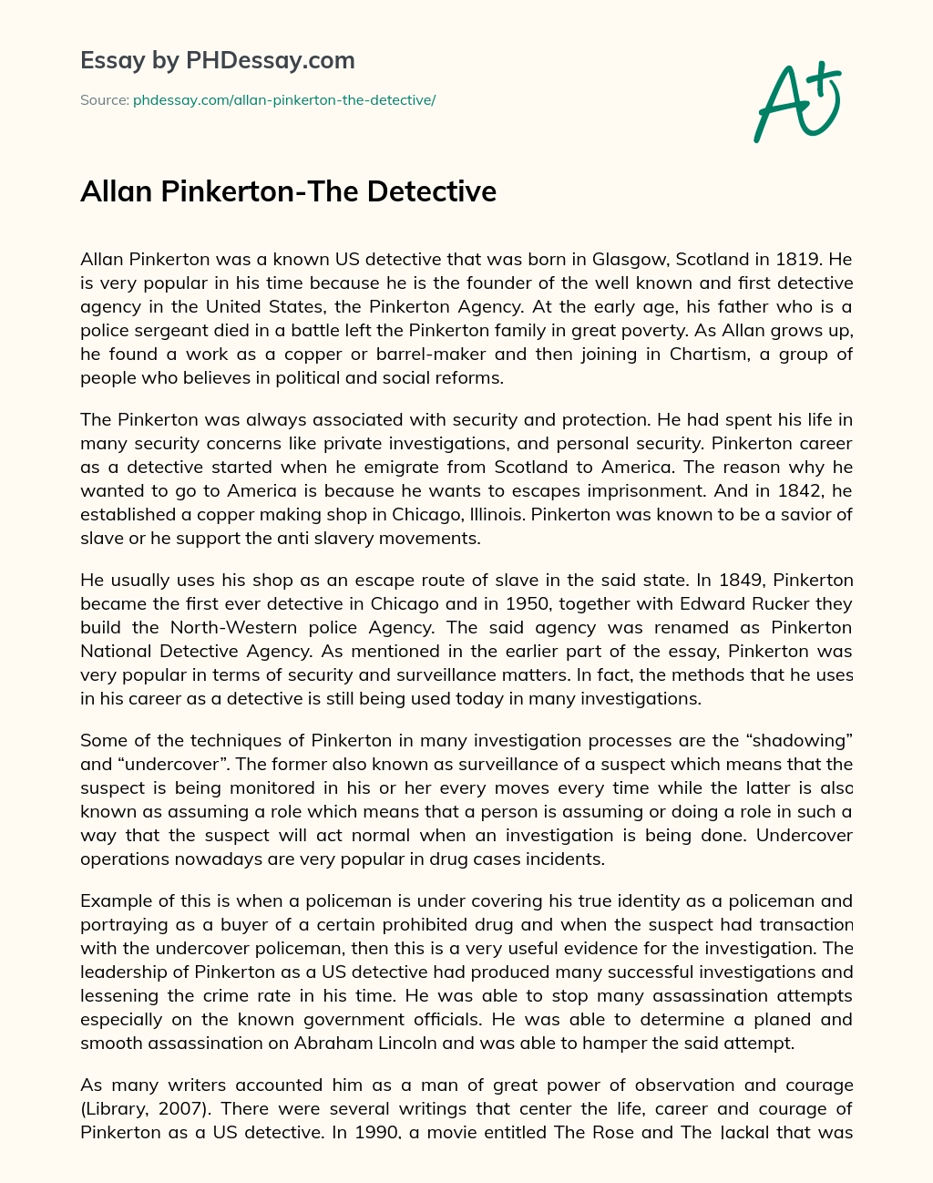 Allan Pinkerton-The Detective essay