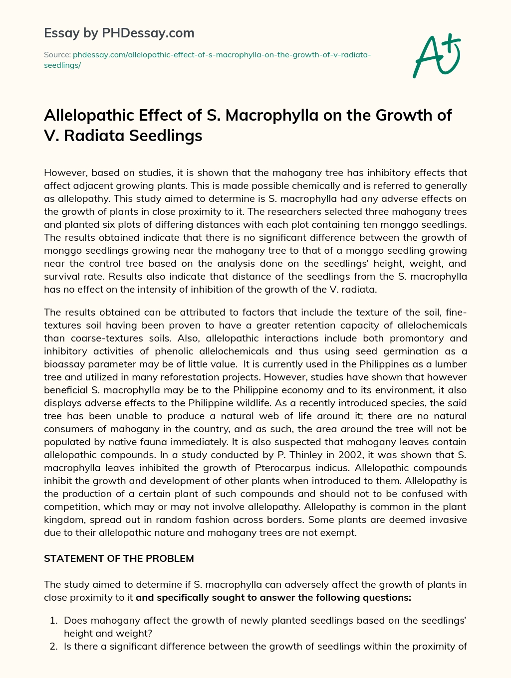 Allelopathic Effect of S. Macrophylla on the Growth of V. Radiata Seedlings essay